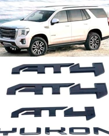 4Pcs Door Rear Tailgate AT4 Yukon Emblems Letters 3D Badge Replacement for 2021-2025 Yukon XL (Black)