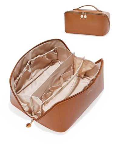EACHY Travel Makeup Bag, Large Capacity Cosmetic Bags for Women, Waterproof Portable Open Flat Toiletry Bag Make up Bag with Divider and Handle, Gifts for Women (Brown, Large)