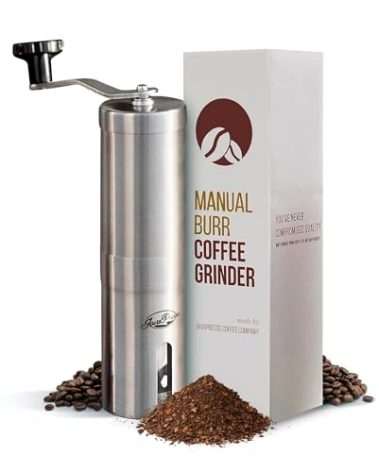 JavaPresse Manual Stainless Steel Coffee Grinder - 18 Adjustable Settings, Portable Conical Burr Grinder for Camping, Travel, Espresso - With Hand Crank