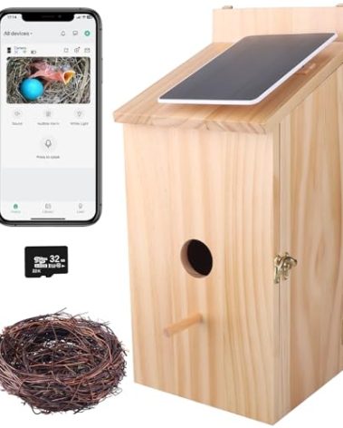 Birdhouse Camera, 1080P HD Camera Wireless - 2.4G WiFi & App Notify Solar Powered Smart with Nest Auto Capture Photo & Video, Waterproof Wooden Birdhouse for Wild Bird Lovers