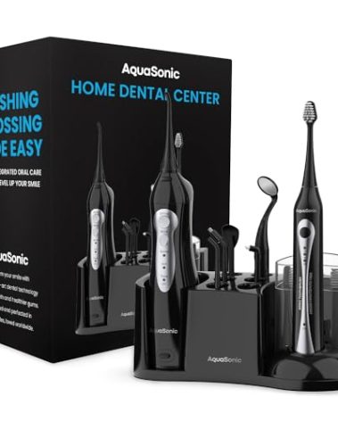 AquaSonic Home Dental Center Rechargeable Power Toothbrush & Smart Water Flosser - Complete Family Oral Care System - 10 Attachments and Tips Included - Various Modes & Timers (Black)