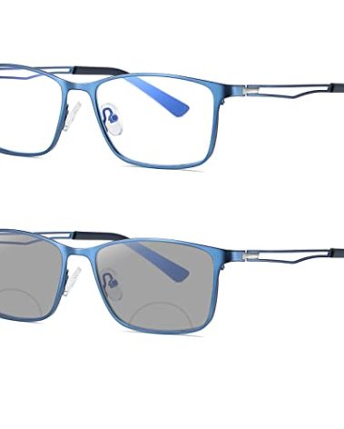 Transition Photochromic Bifocal Reading Glasses for Mens and Womens,Square Clear UV Protection Sunglasses Readers 0~+4.0 (blue, 1.25 x)