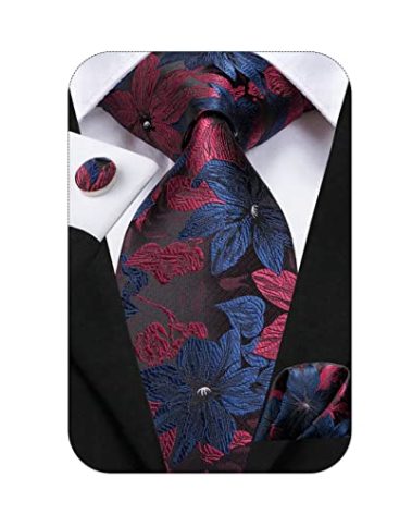 Hi-Tie 63''Navy Burgundy Men's Ties Set Silk Floral Ties for Men Dress Necktie and Pocket Square Cufflinks for Wedding