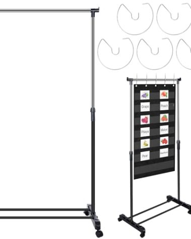 Fuyoooo Adjustable Pocket Chart Stand Stainless Steel Expandable Chart Stand with Casters Rolling Anchor Holder with 5 Rings for Classroom Home Educational Tools, Adjustable to 63 Inch(Black)