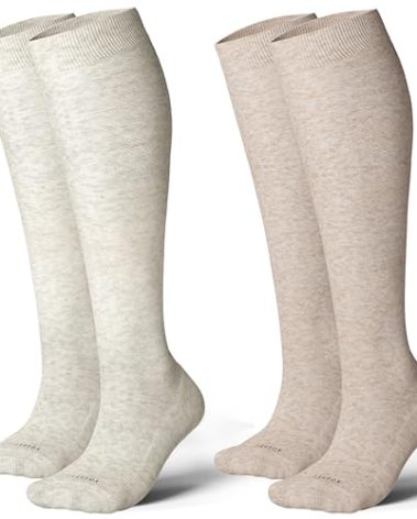 LEVSOX Cotton Compression Socks for Women&Men 20-30 mmHg Knee High Extra Thick Graduated Support Sock for Nurses, Pregnant Women, Travel and Flight, 2 Pairs, Grey, Beige