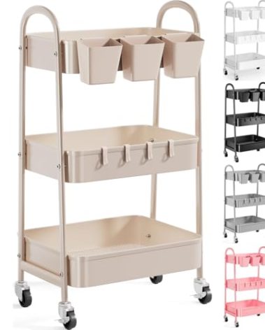 3 Tier Khaki Metal Utility Rolling Cart, Storage Cart with Handle and Lockable Wheels, Multifunctional Organizer Trolley with Mesh Storage Baskets for Kitchen, Office, Living Room, Laundry, Garage