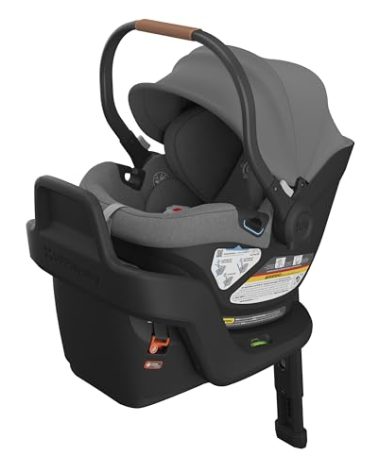 UPPAbaby Aria Lightweight Infant Car Seat/Just Under 6 lbs for Easy Portability/Base with Load Leg + Infant Insert Included/Direct Stroller Attachment/Greyson (Charcoal Mélange/Saddle Leather)
