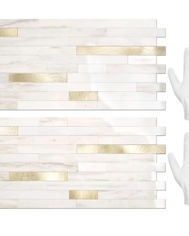 STICKGOO 20 Sheets Peel and Stick Backsplash Tile, Stick on Backsplash for Kitchen and Bathroom, Glossy Eurasian Wood Grain PVC Mixed Metal Gold Self Adhesive Wall Tiles