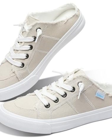 Obtaom Women Canvas Mules Memory Foam Clipper Fashion Sneakers Comfortable Slip-On Mule Backless Holiday Shoes（Beige，US9）