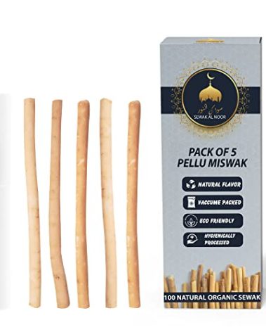 Sewak Al Noor Pack of 5 Miswak Sticks for Teeth with Holder - Vacuum Sealed Natural Flavored Chew Sticks for Humans - Natural Toothbrush for Teeth Whitening, Oral Health & Fresh Breath || Pack of 5