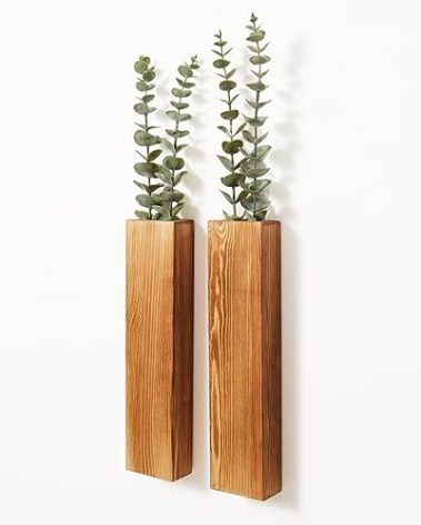 Mokof 2-Pack Wood Wall Planters with 4 Removable Faux Eucalyptus Stems - Modern Farmhouse Wall Decor for Living Room, Bedroom, Bathroom - Wooden Wall Vases and Fake Eucalyptus for Home Office Decor