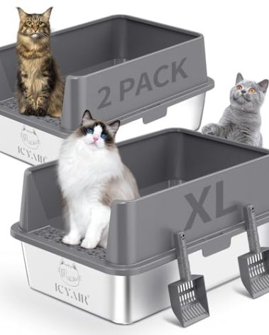 2PACK Stainless Steel Cat Litter Box with High Sides Lid, Extra Large XL Litter Box for Big Cats, Metal Kitty Litter Boxes with Anti-Leakage Enclosure,Non-Stick,Odorless,Scoop Included