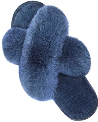 Parlovable Women's Fuzzy Slippers Comfy Cross Band House Shoes Memory Foam Open Toe Indoor Gifts for Ladies Navy 7-8