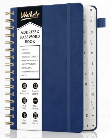 WEMATE Spiral Address Book with Alphabetical Tabs, Leather Password Book, Address Organizer Telephone Notebook Journal Keep Contact Safe Hardcover Large Print for Seniors Home Office 5.8″×8.2″, Blue