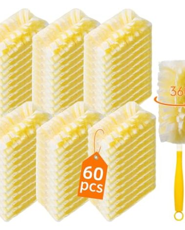 Senowi 60 Count 360° Heavy Duty Duster Refills Compatible with Swiffer, Large Size-Extra Thick Disposable Electrostatic Feather Duster Refill with 1 Short Handle for Furniture, Blinds, Ceiling Fans