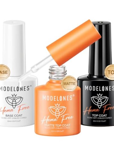 modelones Hema-Free Gel Top and Base Coat Set, 3 Pcs Clear Glossy Velvet Matte Base Top Coat No Wipe Matte Top Coat for Summer nail Polish Soak Off Nail Lamp Nail Art Home Salon Manicure
