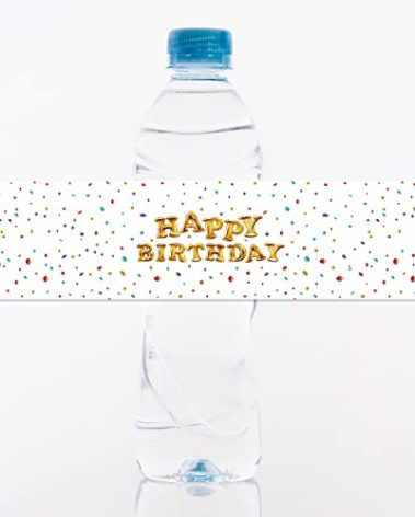 Gold Balloon Confetti Happy Birthday Party Water Bottle Labels - 24 Stickers Water Bottle Labels for Happy Birthday, Anniversary Stickers.