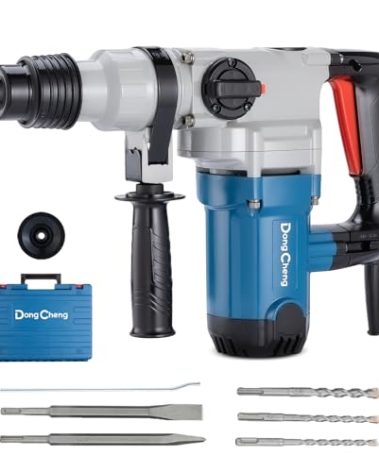 Dong Cheng 1-1/8 Inch SDS-Plus Rotary Hammer Drill with Safety Clutch, 9.2 Amp Heavy Duty Corded Demolition Hammer for Concrete, 3.6 Joules, Including 3 Drill Bits, Flat Chisels and Point Chisels