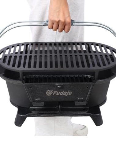 Cast Iron Hibachi Grill – Portable Charcoal BBQ for Outdoor Cooking, Durable Tabletop Skillet, Compact Camping Charcoal Cooker for Tailgating, Picnics & Hunting (Oval)