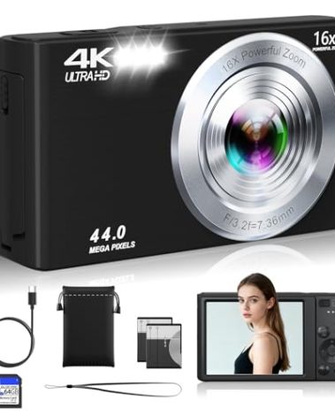 Digital Camera, 2026 Upgraded FHD 4K Compact Cameras with 64GB SD Card 2 Batteries, Portable Travel Digital Camera with 16X Autofocus Digital Zoom, Small Camera for Teens Kids Boys Girls