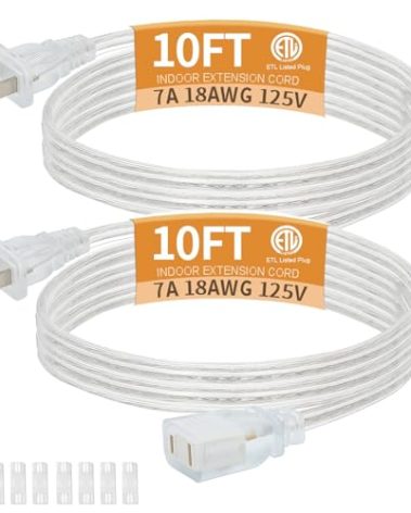 Haultop 2 Pack Clear Extension Cord with UL-Certified, 10 Feet Male to Female Extension Cords, 2 Prong Thin Extension Cord, Power Cable for Light Fixtures, 2 x 18AWG 10A/125V