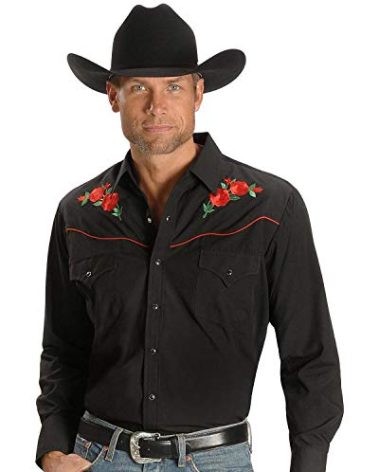 Ely Cattleman Men's Long Sleeve Western Shirt with Rose Embroidery, Black, M