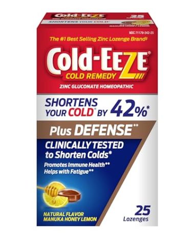 Cold-Eeze Plus Defense Natural Manuka Honey Lemon Zinc Lozenges, Homeopathic Cold Remedy, Shortens Common Cold Symptoms, Promotes Immune Health, Sambucus Nigra, Echinacea and Rose Hips, 25 Ct.