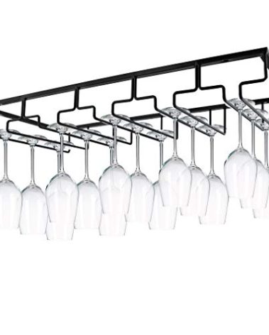 MOCOUM Wine Glasses Rack Under Cabinet Stemware Rack, Glass Hanger Rack Wire Glass Holder Storage Hanger for Cabinet Kitchen Bar (Black, 5 Rows 1 Pack)