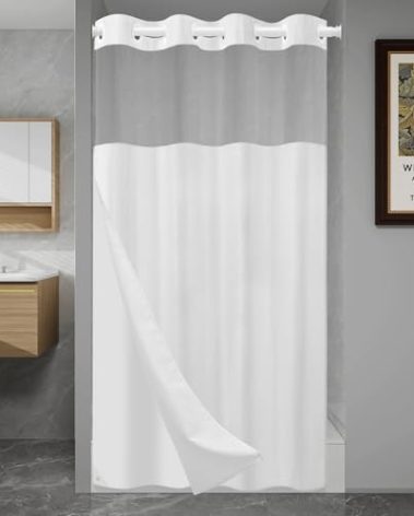 SORTTO No Hook Shower Curtain with Snap in Liner Set Waffle Shower Curtain for Bathroom Hotel Style Fabric Waterproof Inner Liner，54" W x 80" H, White