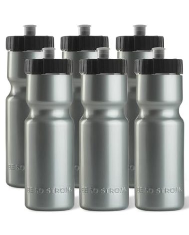 50 Strong Sports Water Bottles 6-Pack – Reusable 22 oz BPA-Free Plastic Bottles with Pull Top Cap – Made in USA – Top Rack Dishwasher Safe – Fits Most Bike Cages Brand - Silver