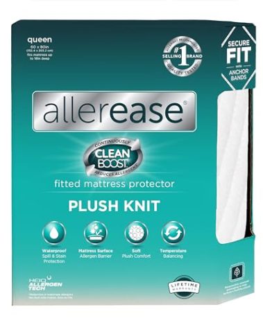AllerEase CleanBoost Plush Knit Mattress Protector Waterproof Particle Barrier Temperature Balancing Soft Plush Comfort Machine Washable Fitted Cover with Elastic Anchor Bands Mattress Cover, Queen