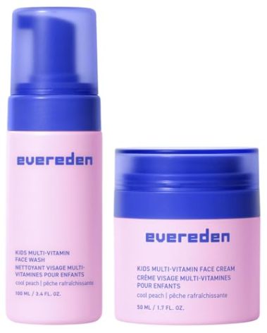 Evereden Kids Happy Face Duo (Cool Peach) - Multi-Vitamin Face Wash & Face Cream Set - Clean & Vegan Skin Care for Kids 3+ - Moisturizing, Nourishing, & Protective Skin Care Set