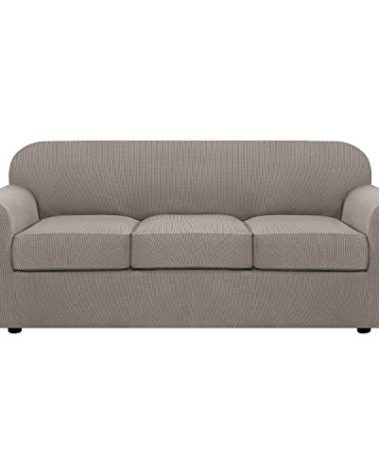 H.VERSAILTEX 4 Piece Stretch Sofa Covers for 3 Cushion Couch Covers for Living Room Furniture Slipcovers (Base Cover Plus 3 Seat Cushion Covers) Upgraded Thicker Jacquard Fabric (Sofa, Taupe)