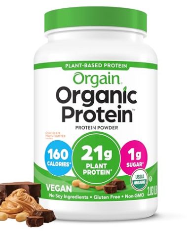 Orgain Organic Vegan Protein Powder, Chocolate Peanut Butter - 21g Plant Protein, 6g Prebiotic Fiber, Low Net Carb, No Lactose Ingredients, No Added Sugar, Non-GMO, For Shakes & Smoothies, 2.03 lb