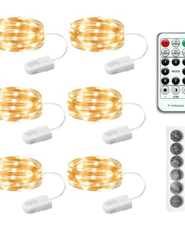 SINAMER 6PCS Fairy Lights Battery Powered with Remote, 7ft 20LEDs Warm White Twinkle Mini Lights with Timer, Waterproof Small Silver Wire Firefly Starry for DIY Wedding Party Christmas