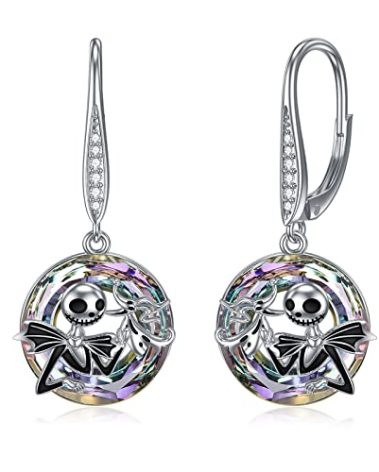 LILALO Jack Skellington Earrings Sterling Silver Crystal Jack and Sally Zero Earrings Jack Skellington Jewelry for Women Jack and Sally Drop Earring Skull Earrings Circle Crystal Gifts, Christmas
