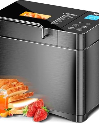 KBS Premium Convection Bread Maker Dual Heater, 17-in-1 Stainless Steel Bread Machine Ceramic Pan, Nut Dispenser,Touch Panel,2lb Loaf 3 Sizes 3 Crust Colors,Gluten-Free,Sourdough,Jam,Yogurt,53 Recipes