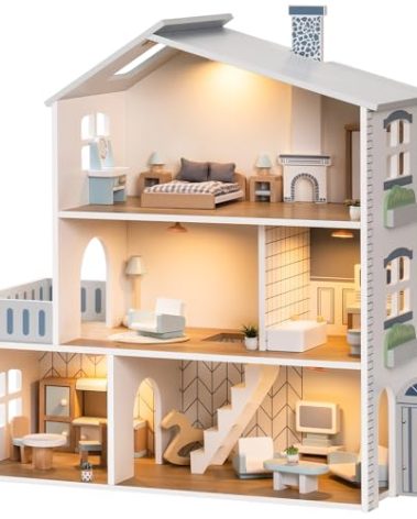 ROBUD Doll House, Wooden Dollhouse with 6 Rooms, 29-pcs Realistic Accessories, Dollhouse Playset for 4-6 Inch Dolls, Gifts for Kids & Toddlers, Nordic Style, Ages 3+