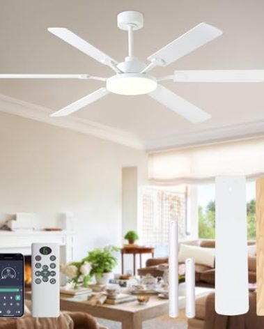 60 Inch Ceiling Fans with Lights, Large Modern White Ceiling Fan with Light and Remote Control, 6 Double Sided Blades, 6 Speed Reversible Motor, Dimmable LED, Silent Timing, Indoor Outdoor Patio Use