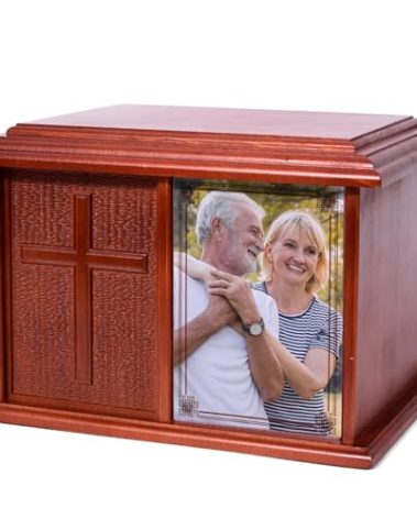 Double Urn for 2 Adults - Wooden Cremation Urn for Human Ashes Male Female Companion Urns for Ashes Women Men Carved 400 Lbs Large Cross Urns with 4 x 6 Picture Frame