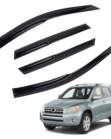 MXSAG 4pcs JDM 3D Wavy MU Style Window Visors Compatible with 2006-2012 Toyota RAV-4 RAV4, Front+Rear Left+Right Outside Mount Type Dark Smoke Tint Tape-On Side Sun Rain Guards Set of 4