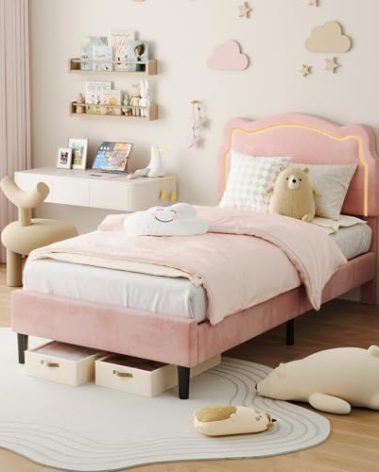GarveeHome Twin Upholstered Smart LED Bed Frame with Headboard, Velvet Princess Platform Bed Frame for Kids, Wooden Slats Support, No Box Spring Needed (Pink, Twin)