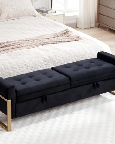 AEMEIOS 67" End of Bed Storage Bench for Bedroom King Size, Double Lids Storage Ottoman Bench with Golden Legs, Velvet Bed Bench for Living Room Window Entryway, Black