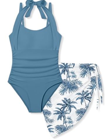 Tomolant Girls Swimsuit, Girls Swimsuits Size 10-12 Halter Neck One Piece Bathing Suit with Tropical Printed Cover Up Skirt Adjustable Strap Teen Bathing Suits Swimwear Set