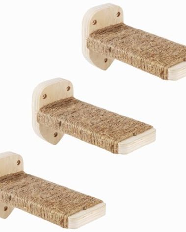 3-in-1 Cat Climbing Wall Steps with Hemp Rope, Shelves and Perches, Scratching Pads for Cats Playing and Climbing (Wood)