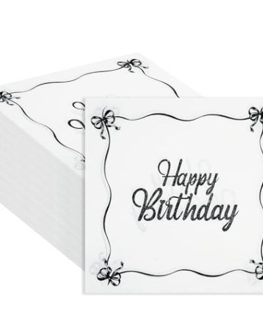HFBOBP 50PCS Black Bow Birthday Paper Napkins 13 x 13 Inches Luncheon Napkins Cocktail Napkins Disposable Coquette Theme Decorations for Birthday Party,Bachelorette Theme Party Supplies