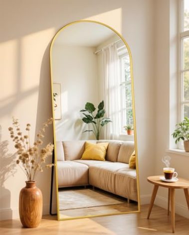 Coomily Full Length Mirror with Stand, 64"x21" Arched Full Body Mirror, Large Stand Up Aluminum Frame Floor Freestanding Hanging Leaning Mounted for Bedroom Living Room Entryway Gold