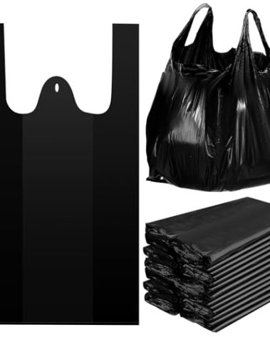 Kisston 400 Count Jumbo Size Plastic T Shirt Bags with Handles, 35 Mic, XX Large Plain Plastic T Shirt Grocery Bags, Thick and Heavy Duty (25" X 15",Black)