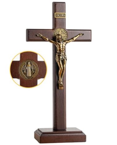 KUXBET Wooden Crucifix Cross with Detachable Stand 10 Inch Standing Catholic Wooden Jesus Christ Wall Hanging Cross for Home Decor