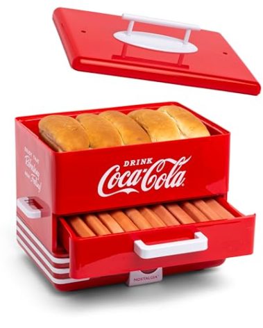 Nostalgia Extra Large Diner-Style Coca-Cola Hot Dog Steamer and Bun Warmer, 24 Hot Dog and 12 Bun Capacity, Steam Bratwursts, Sausages, Vegetables, Fish, Dumplings, Red